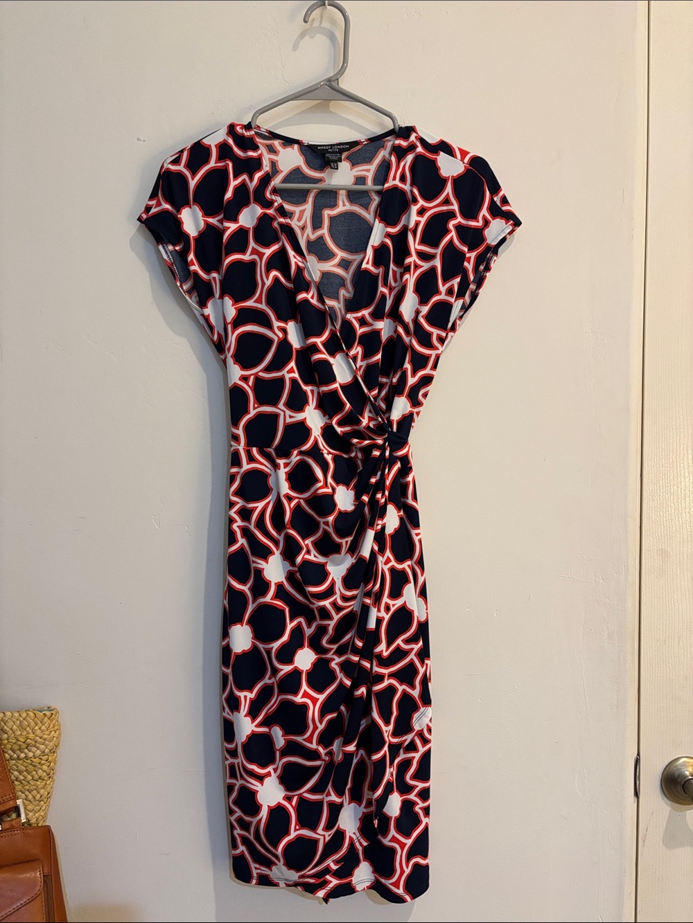 Maggy London Navy, Coral & White Geometric Wrap Midi Dress 10 P